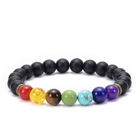 Artisan Crafted Frosted Onyx Seven Chakra Beaded Bracelet