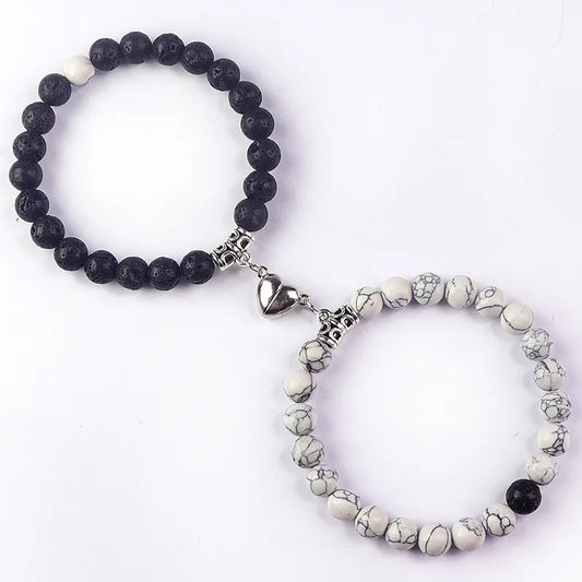 Artisan Created Natural White Turquoise & Lava Stone 2 Piece Magnetic Crystal Beaded Bracelet Set