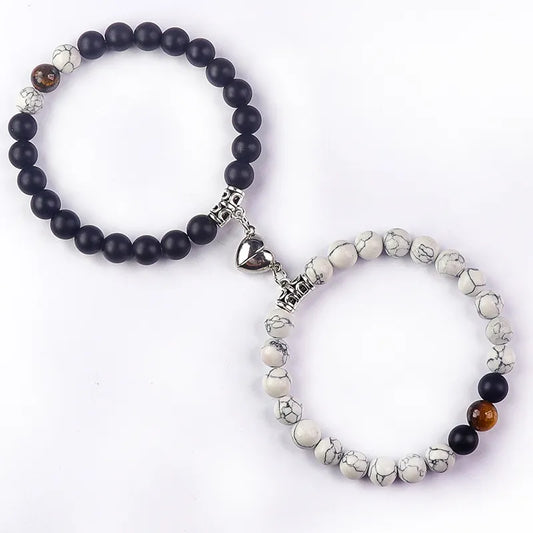 Artisan Created Natural White-Barked Pine, Matte Onyx & Tiger Eye 2 Piece Magnetic Crystal Beaded Bracelet Set