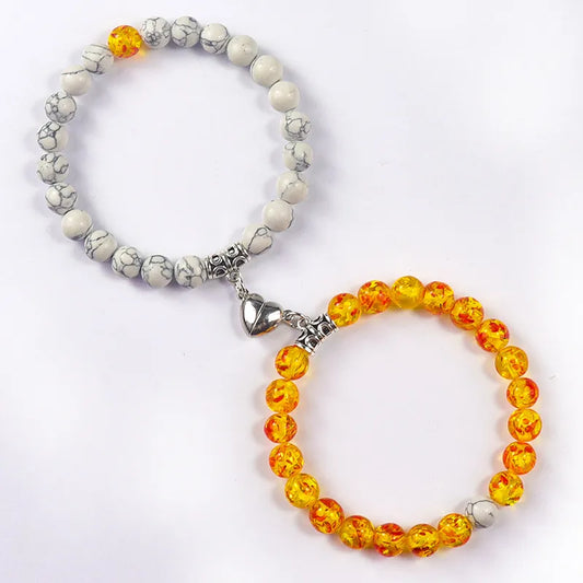 Artisan Created Natural White Turquoise & Amber 2 Piece Magnetic Crystal Beaded Bracelet Set