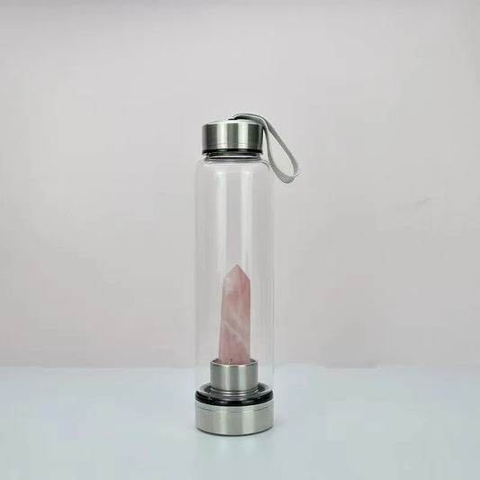 Embrace the Power of Love: Rose Quartz Hexagonal Crystal Wand Energy Infused Solid Glass Elixir Water Bottle (401-500ml)