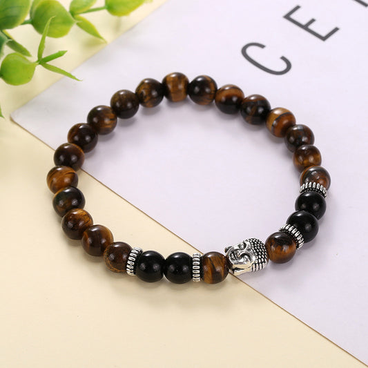 Tiger's Eye Stone Beaded Bracelet Buddha Head Tibetan Silver