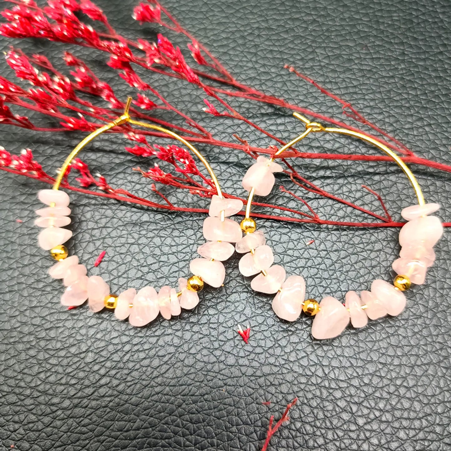 Ethereal Love: Rose Quartz Natural Crystal Hoop Earrings for Emotional Healing