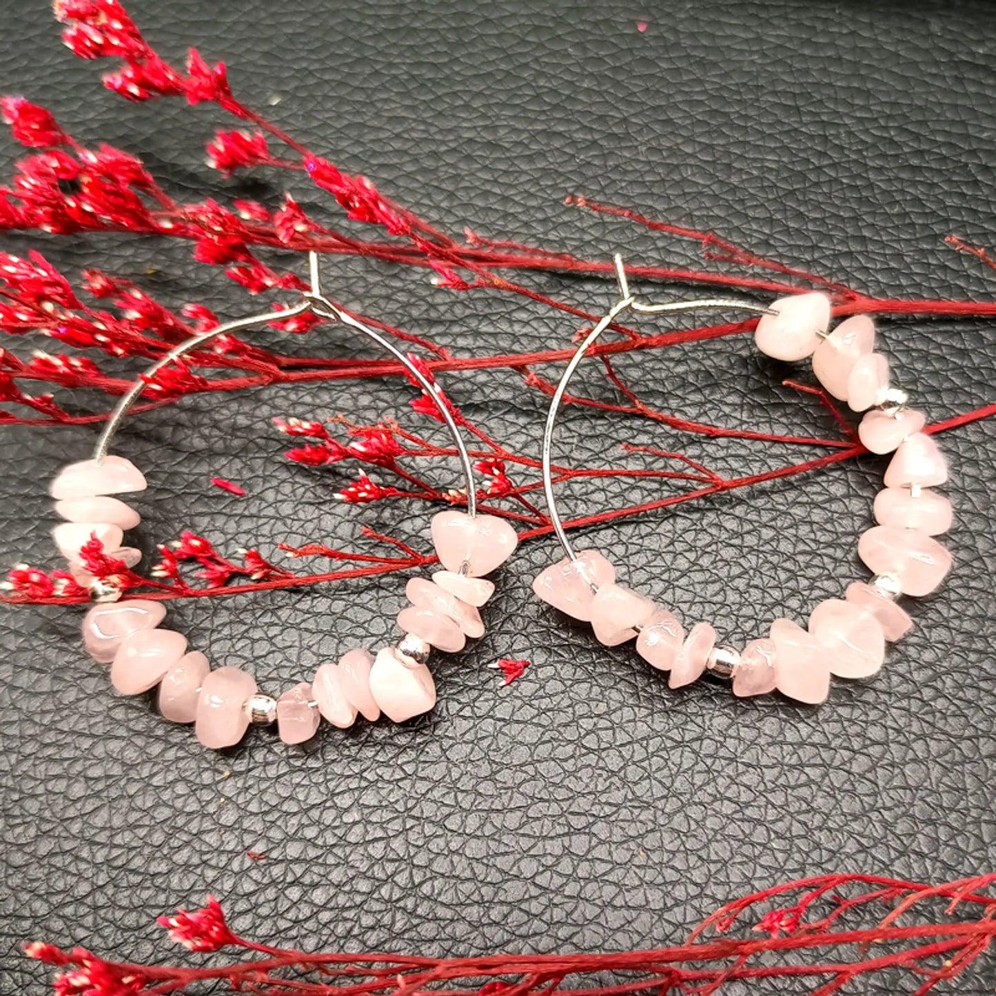 Ethereal Love: Rose Quartz Natural Crystal Hoop Earrings for Emotional Healing