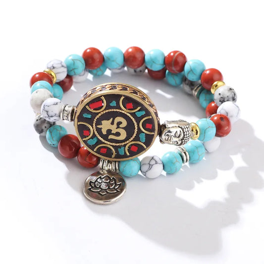 Krishna’s Serenity: Turquoise, Red Jasper, and White Turquoise Om Bracelet