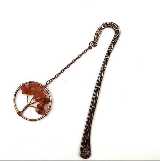 Agate Cascade of Wisdom: Fire Agate Tree Charm Bookmark