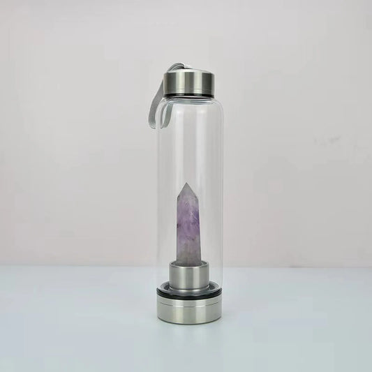 Empowering Energy Infusion: Amethyst’s Purifying Essence in a Hexagonal Crystal Wand Elixir Water Bottle (401-500ml)