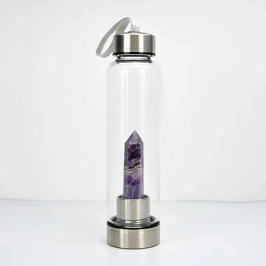 Dream Amethyst’s Protective Aura: Purification and Third Eye Activation in a Hexagonal Crystal Wand Elixir Water Bottle (401-500ml)