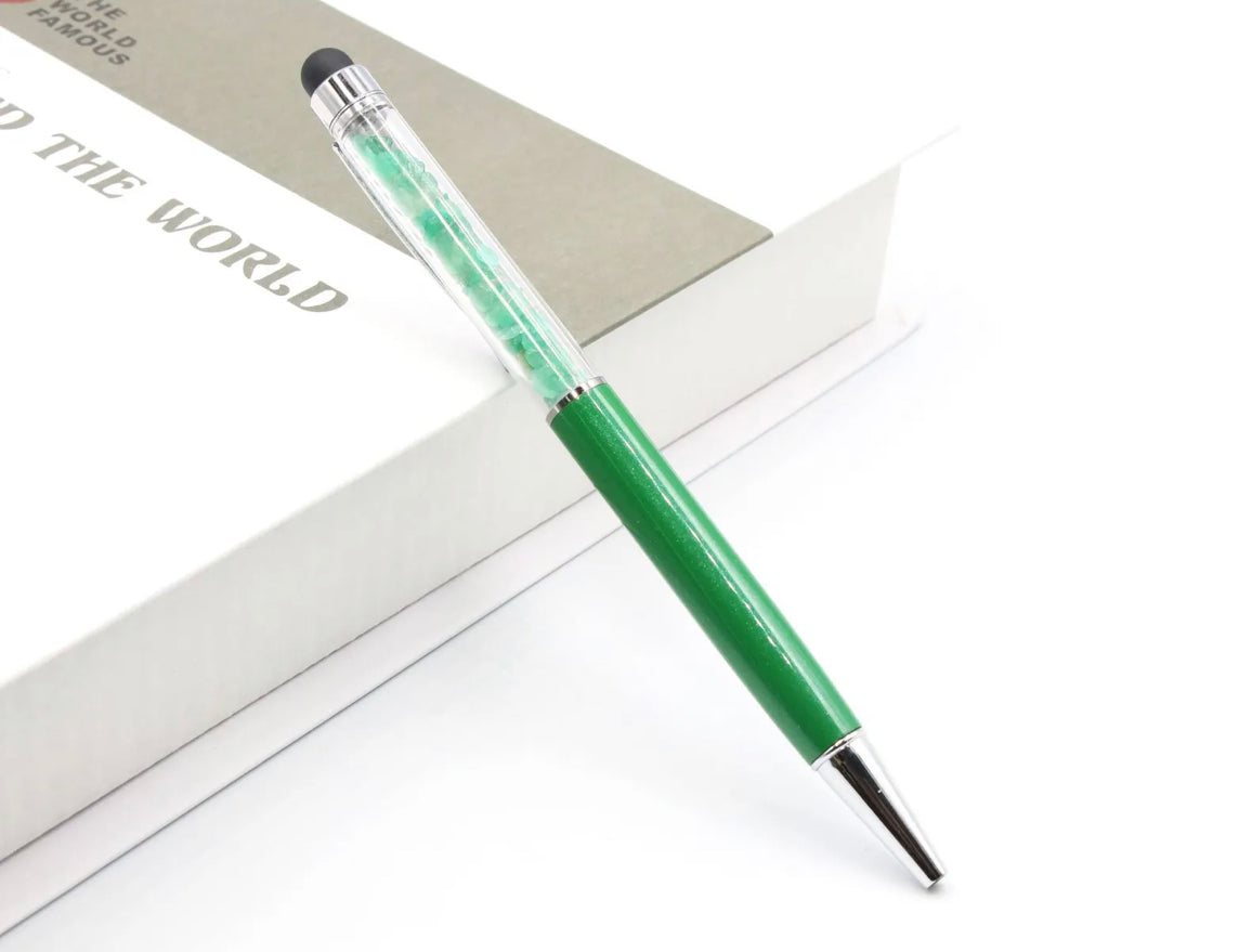 Elevate Your Expression: Crystal Green Aventurine Gravel Gem Ballpoint Pen Stylus