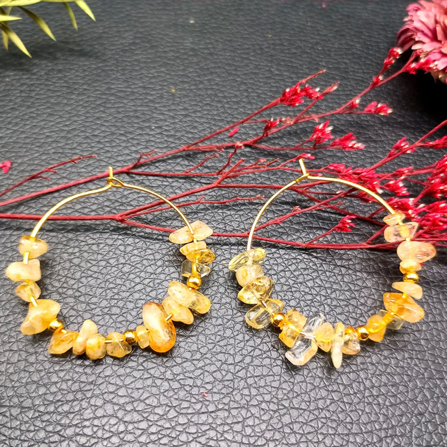 Spark of Creation: Citrine Natural Crystal Hoop Earrings for Creative Energy