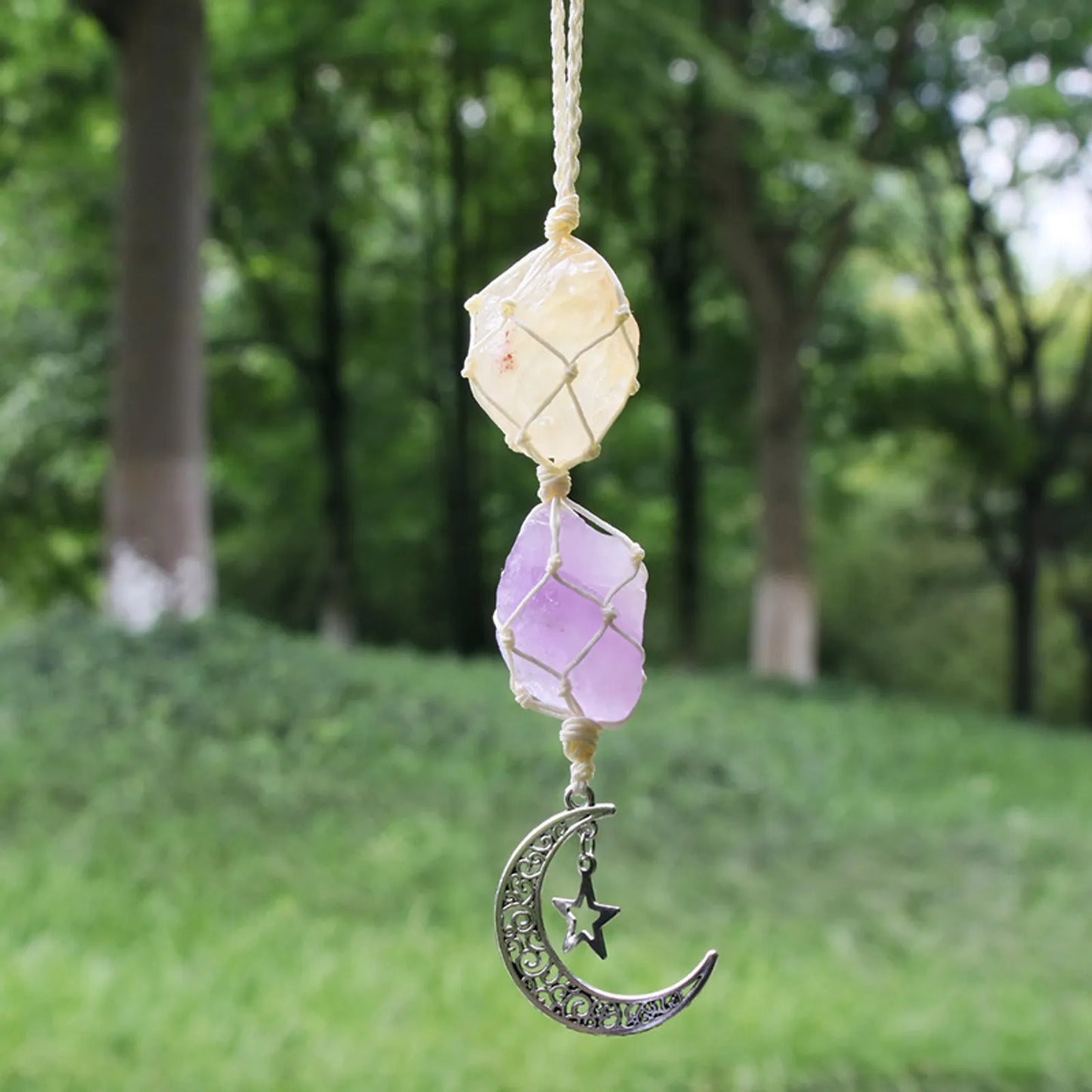 Abundant Blessings: Citrine and Amethyst Crystal Healing Sun Catcher (Beige Line)