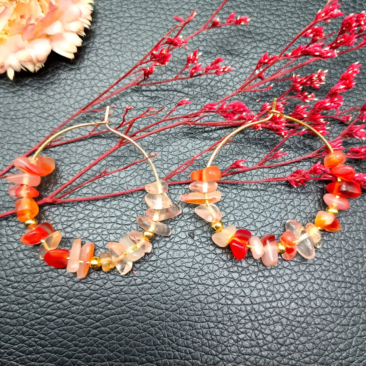 Dancing Flames: Natural Fire Agate Crystal Hoop Earrings for Vitality and Energy